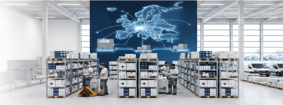 Entrepôt logistique Vekta : importation et distribution de matériel médical entre l'Asie, la Suisse et l'Europe